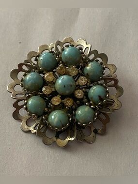 Vintage Brooch Pin 2” Round Faux Turquoise Cabachon Beads Silver Tone Filigree
